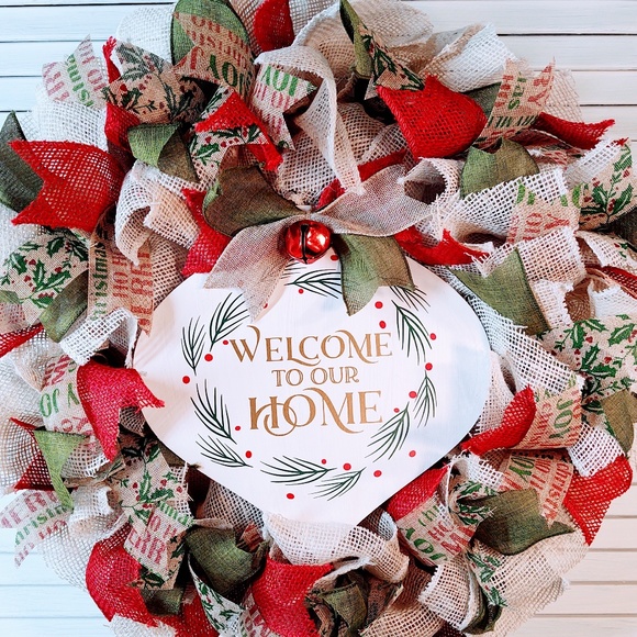 HAND CRAFTED CHRISTMAS BURLAP WREATH 24" "WELCOME TO OUR HOME WOOD SIGN" - Picture 9 of 9